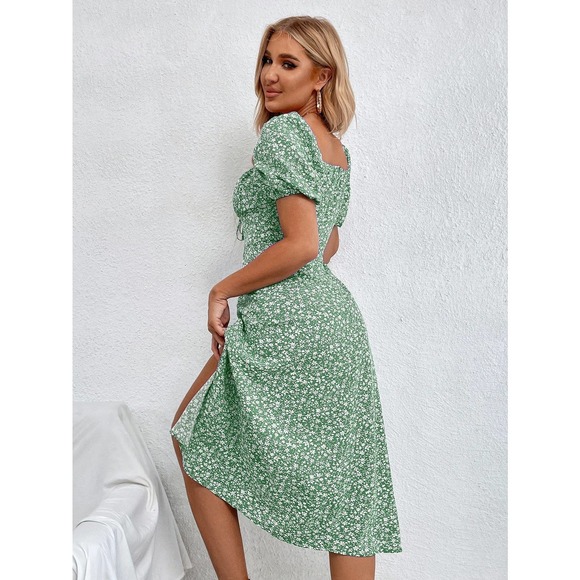 boho Floral Print Knot Front Split Thigh square neck midi Dress - Picture 5 of 11